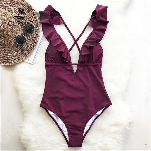 Cupshe Other - Cupshe Burgundy Heart Attack Ruffle One Piece